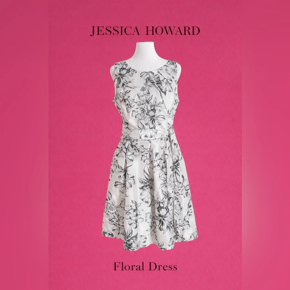 Jessica Howard White and Black Floral Sleeveless Midi Dress